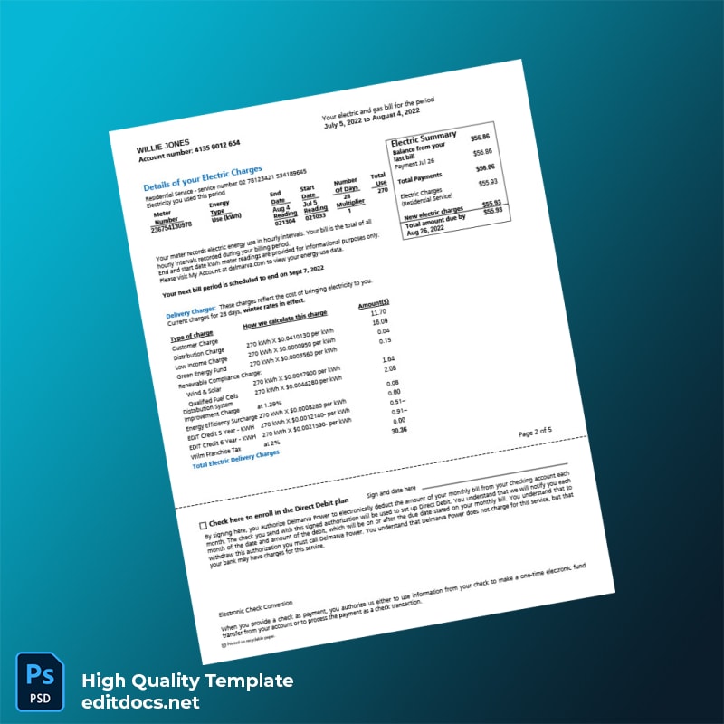 Delaware Power Company Editable Utility Bill Template in Word and PDF formats page 2