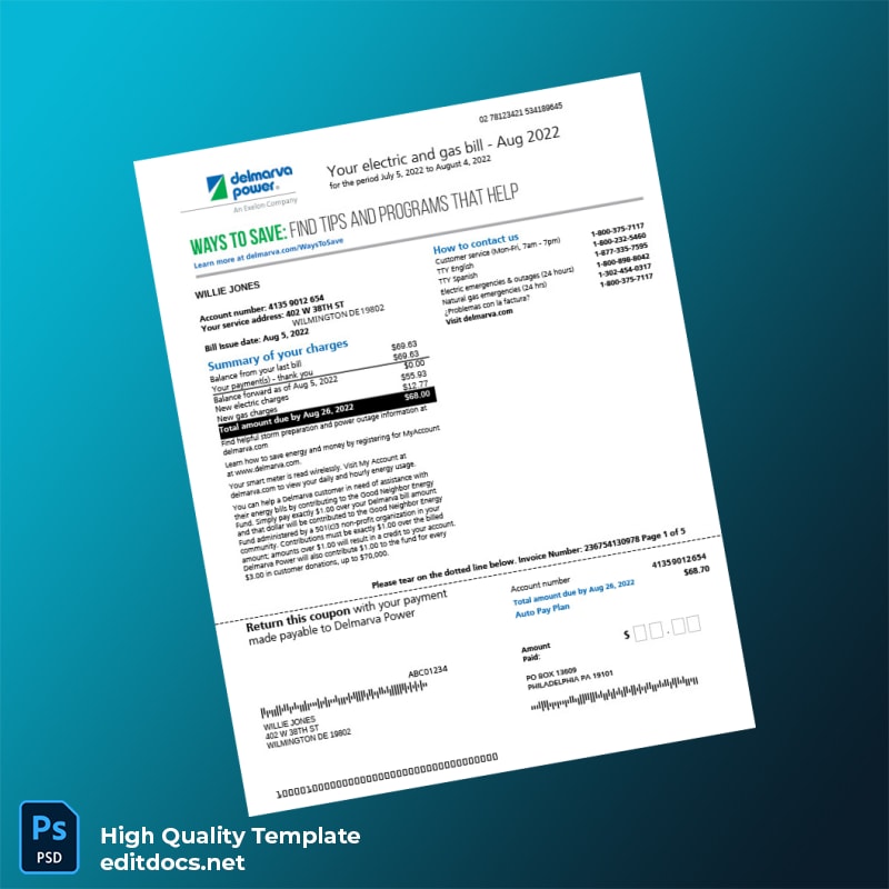 Delaware Power Company Editable Utility Bill Template in Word and PDF formats
