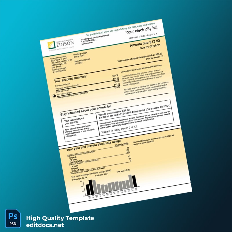 Edison Editable Electricity Bill Template in Word and PDF formats