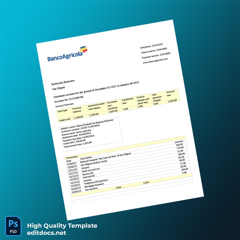 El Salvador Banco Agrícola Credit Card Statement Template in Word and PDF formats