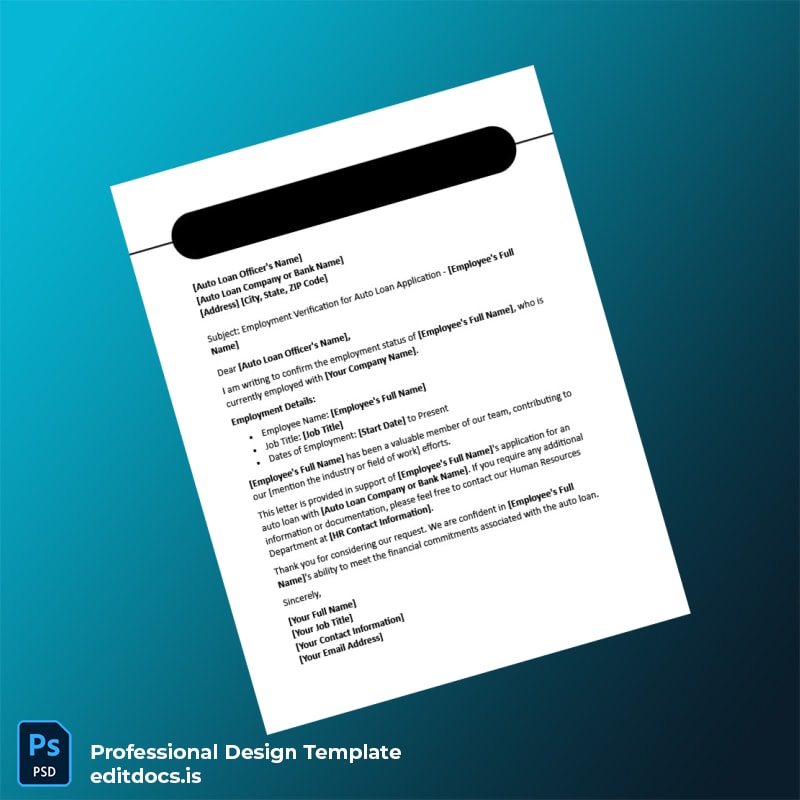 Editable Employment Verification Letter for Auto Loan Application Template (Word&PDF) Page Preview - EditDocs