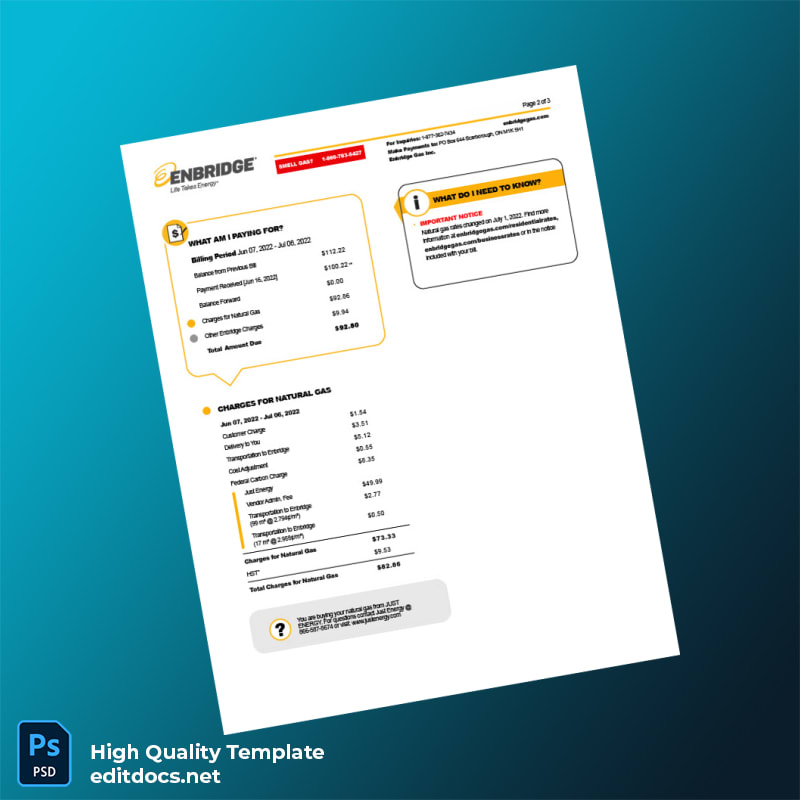 Enbridge Gas Inc Editable Electricity Bill Template in Word and PDF formats page 2