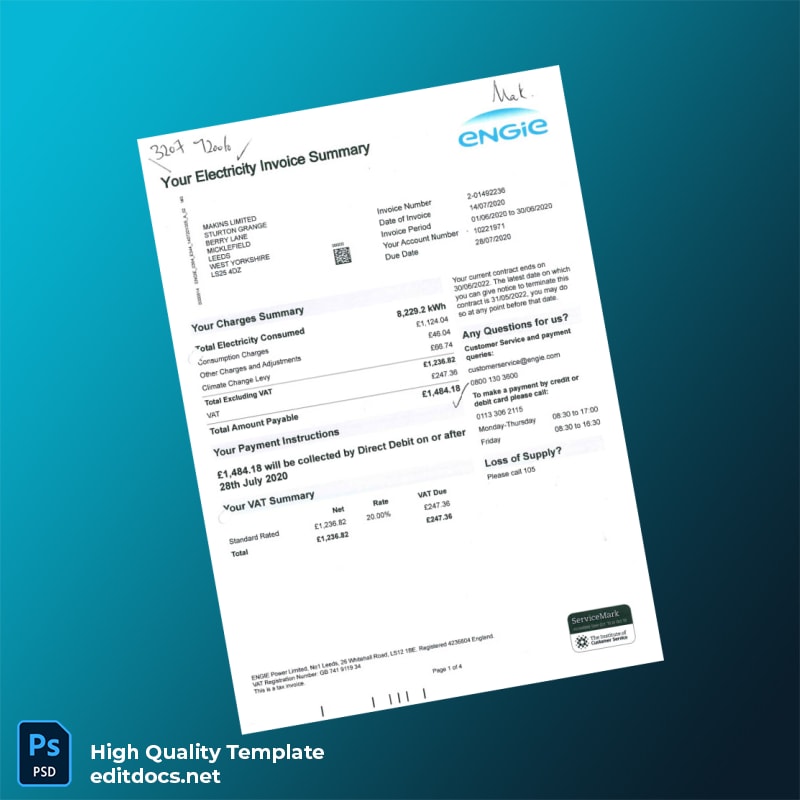 England ENGIE Power Limited Editable Utility Bill Template in Word and PDF formats