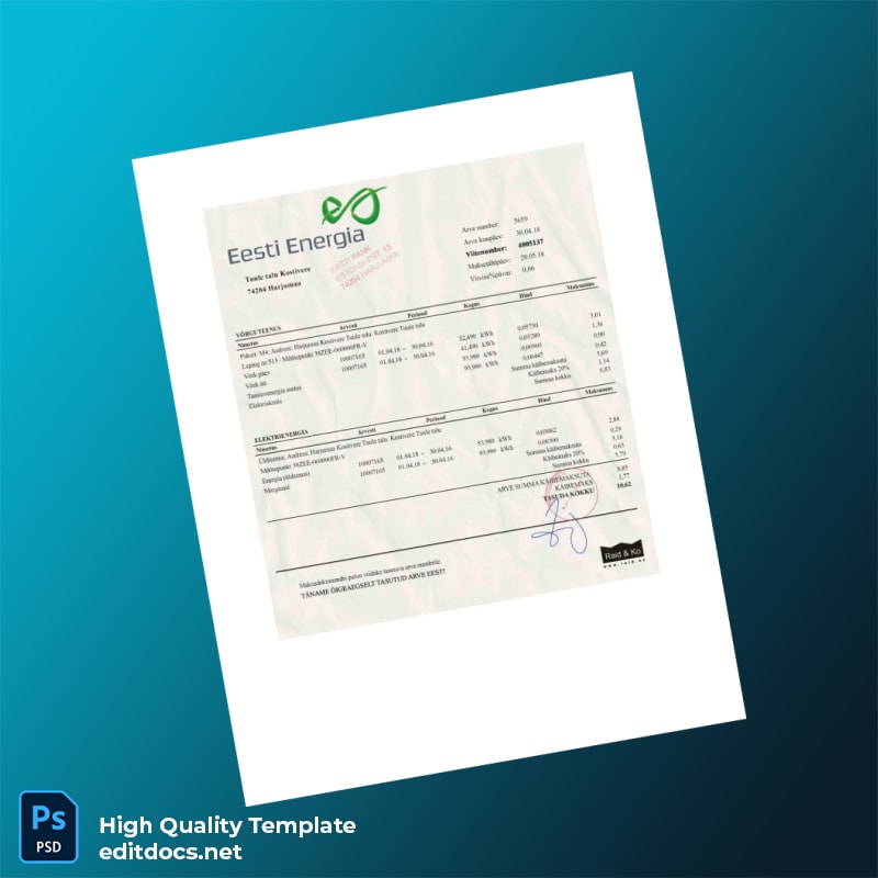 Estonia Raid Ko Editable Utility Bill Template in Word and PDF formats