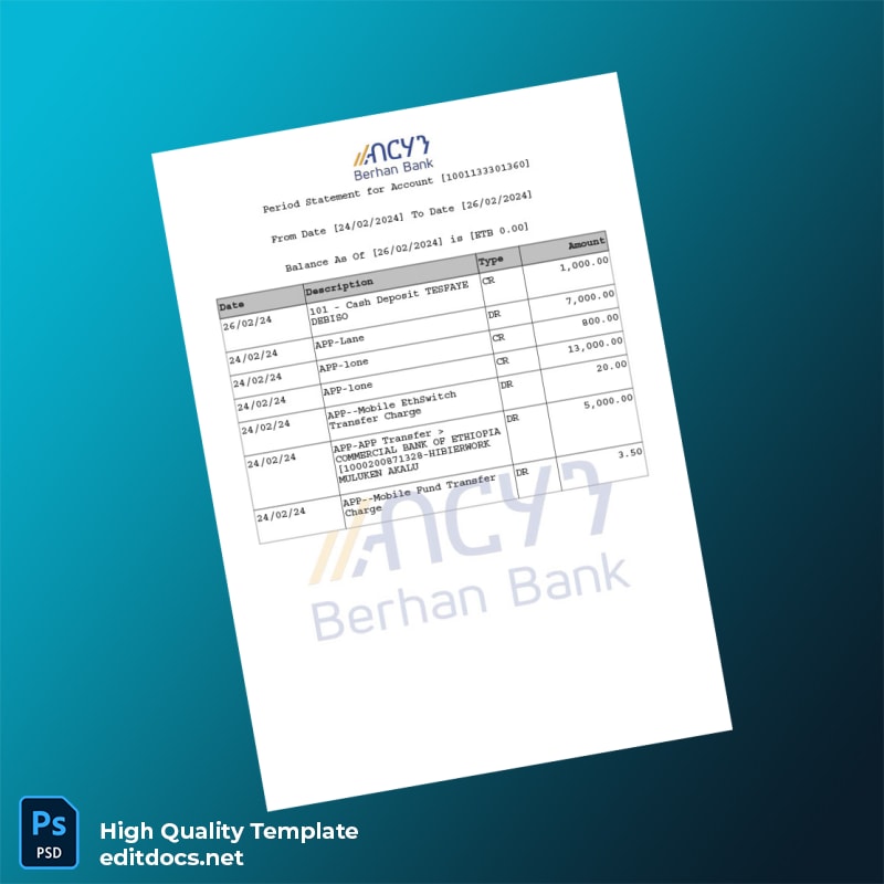 Ethiopia Berhan Bank Statement Template in Word and PDF formats