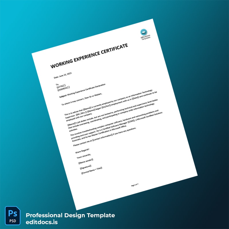 Editable Experience Certificate Template in Word and PDF formats page 3 Page Preview - EditDocs