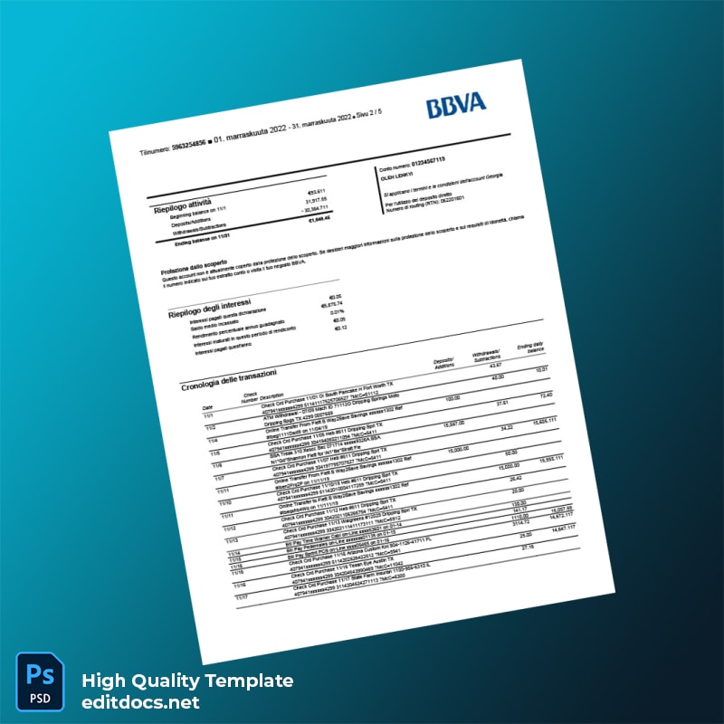 Finland BBVA Bank Statement Template in Word and PDF formats page 2