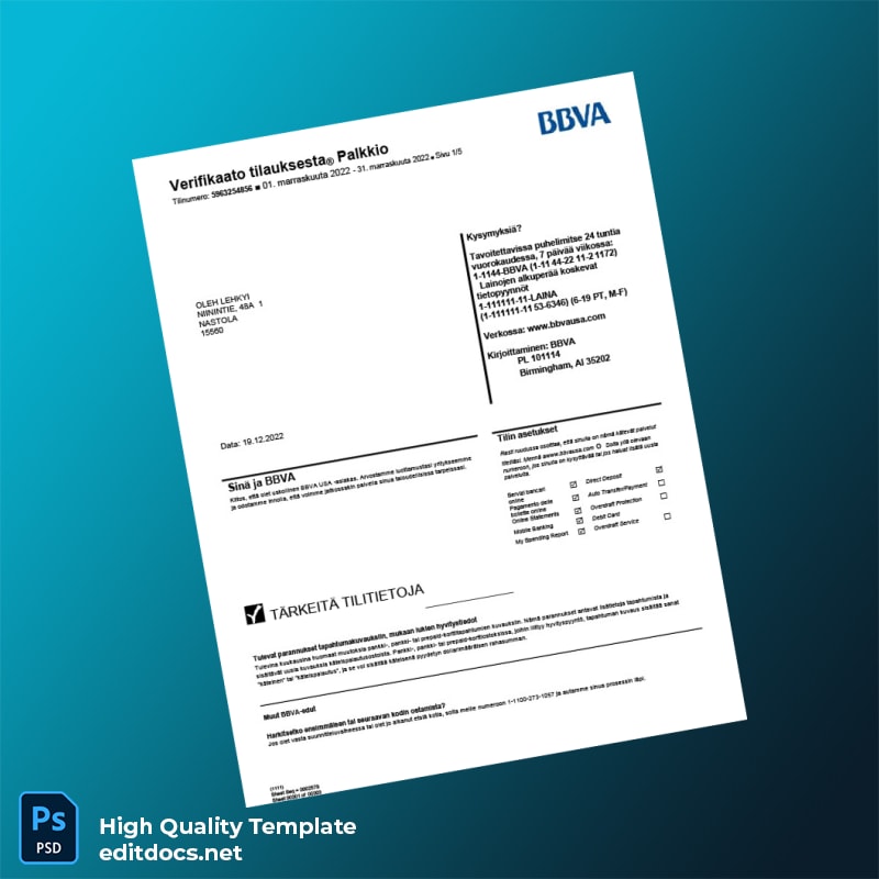 Finland BBVA Bank Statement Template in Word and PDF formats