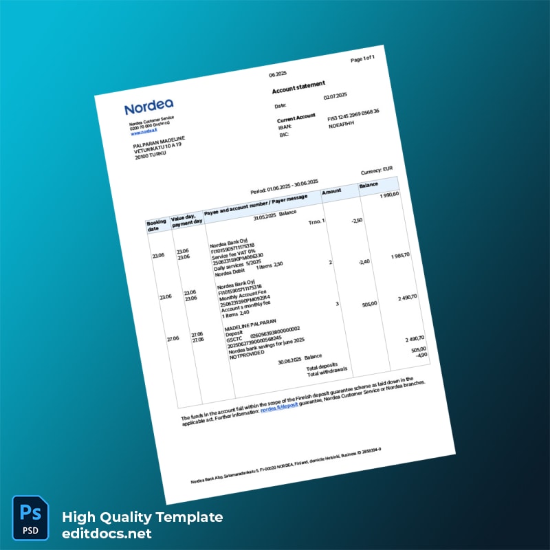 Finland Nordea Bank Statement Template in Word and PDF formats