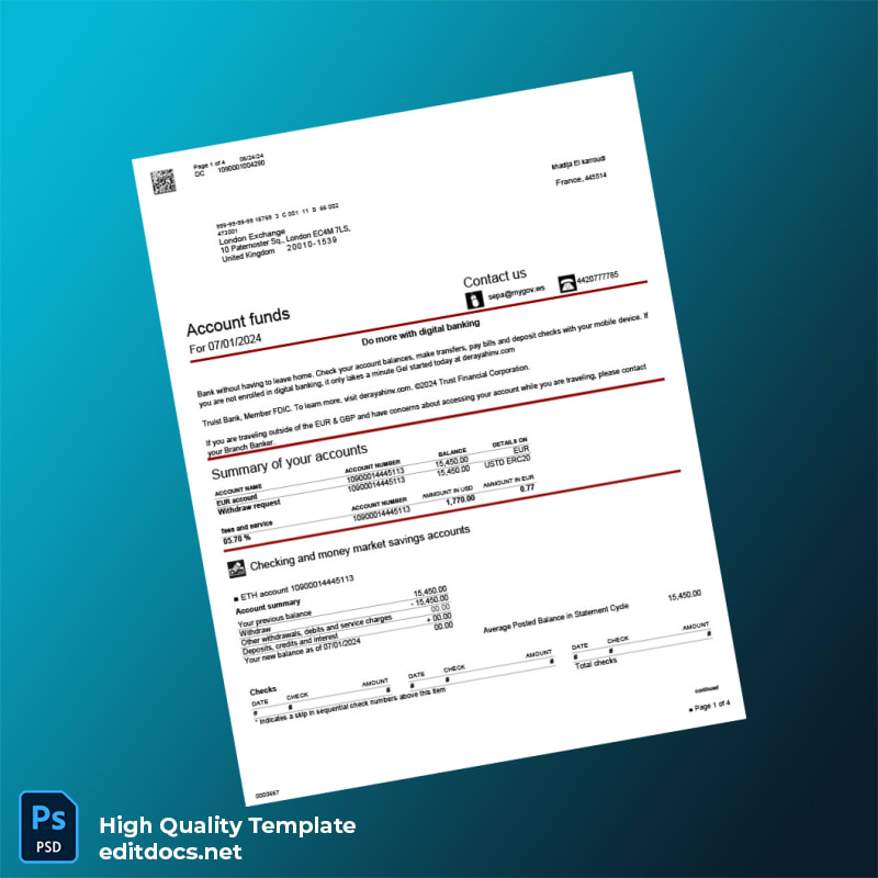 France BBT Bank Statement Template in Word and PDF formats