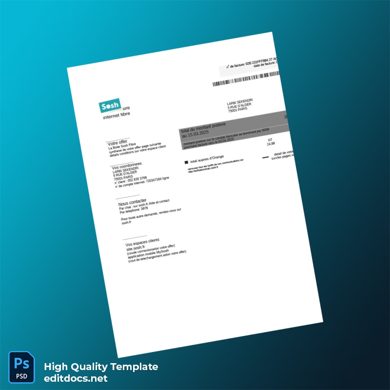 France Sosh Editable Utility Bill Template in Word and PDF formats