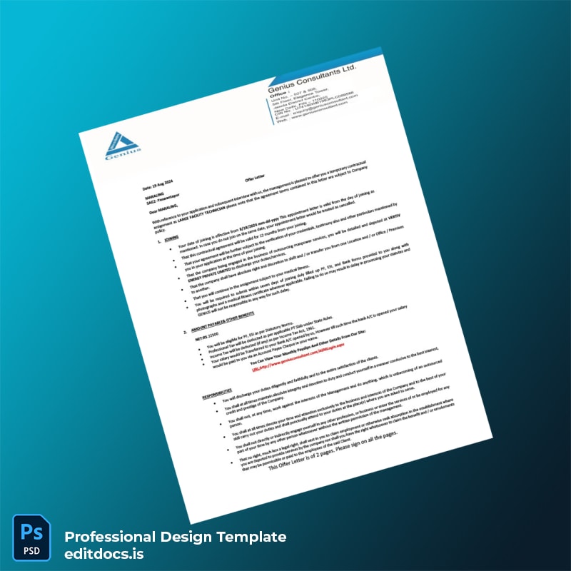 Editable Genius Consultants Ltd Employment Verification Letter Template (Word&PDF) Page Preview - EditDocs