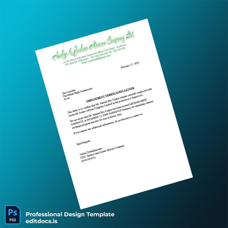 Editable Ghana Anokye Joshua African Company Limited Employment Verification Letter Template (Word&PDF) Page Preview - EditDocs