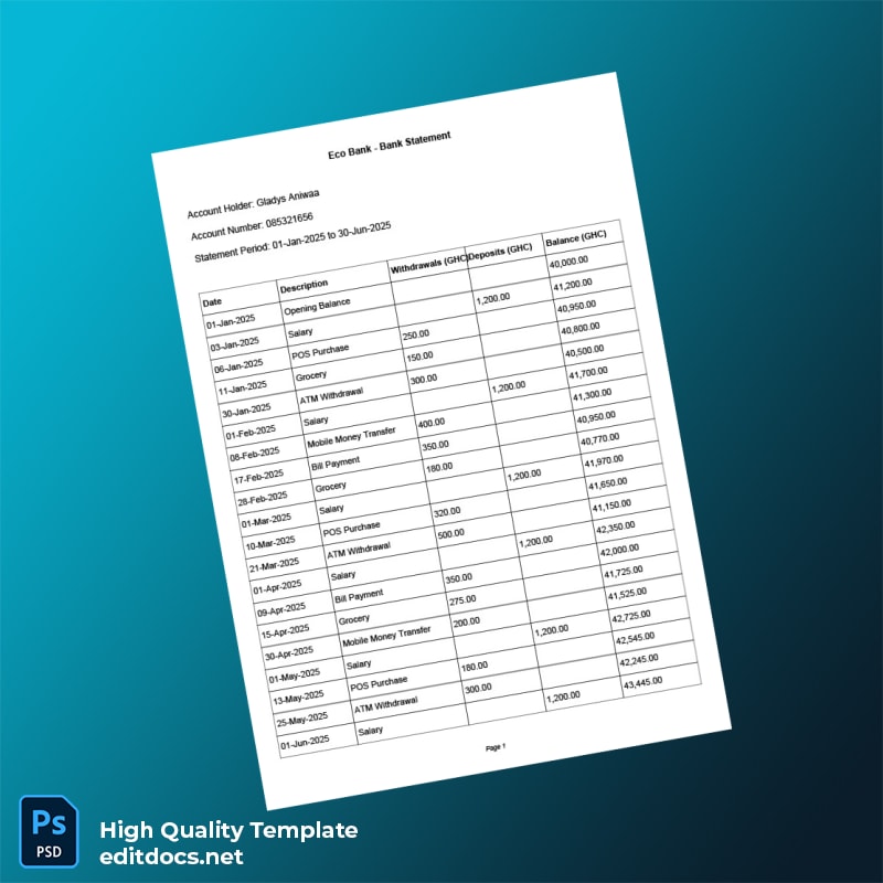 Ghana Eco Bank Statement Template in Word and PDF formats