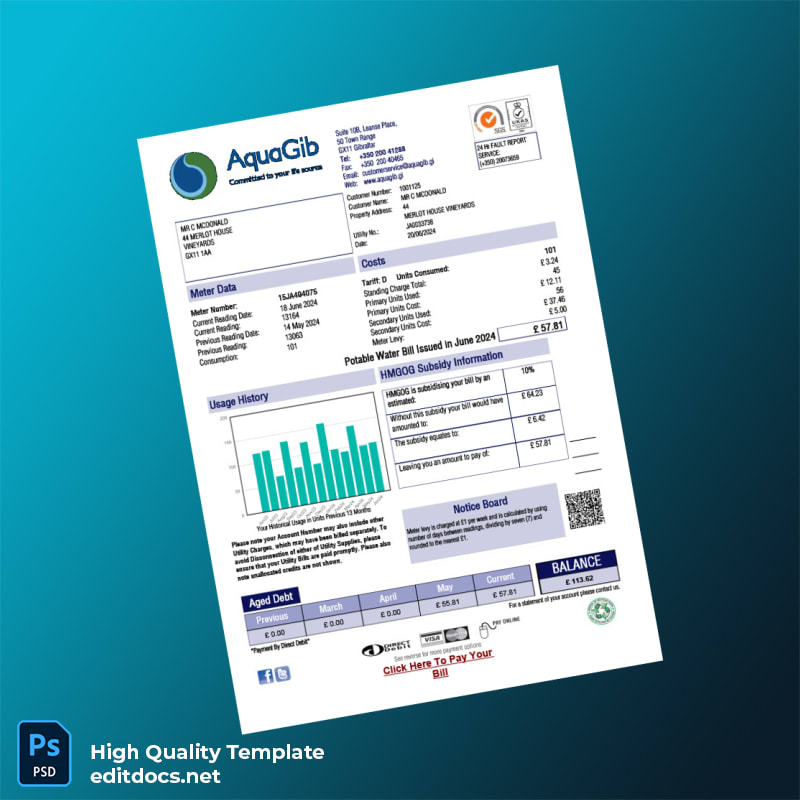 HMGoG Water Authority Editable Sales Bill Template in Word and PDF formats