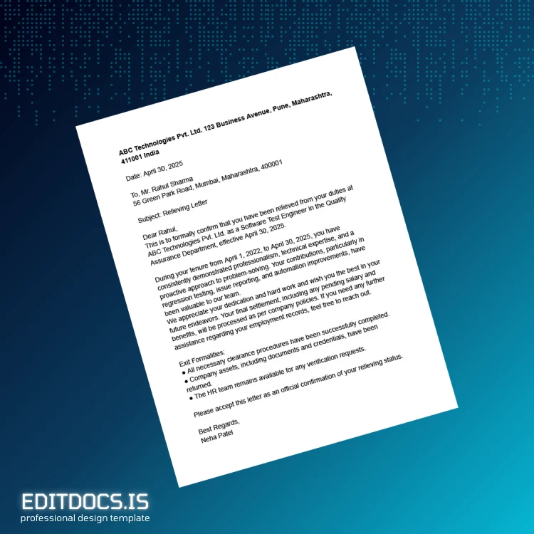 Editable India ABC Technologies Pvt Ltd Employment Verification Letter Template (Word&PDF) Page Preview - EditDocs