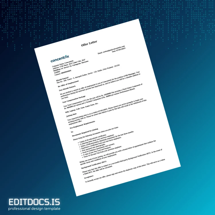 Editable India Concentrix Employment Verification Letter Template (Word&PDF) Page Preview - EditDocs