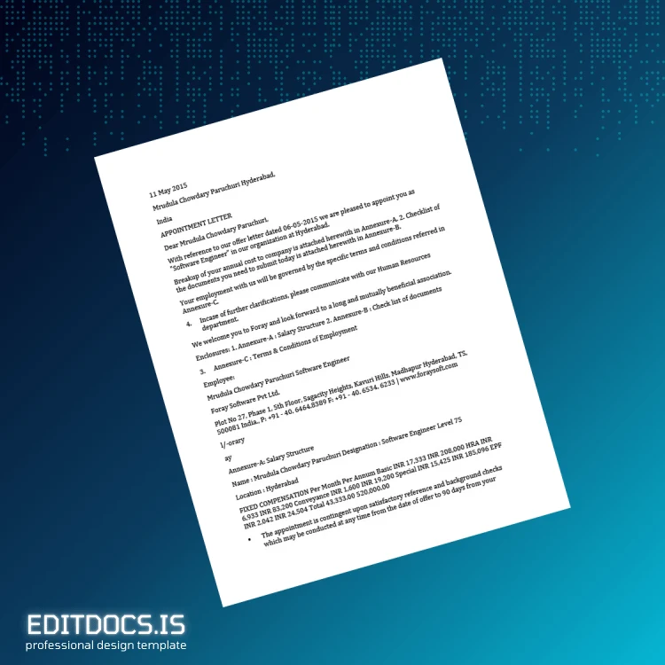 Editable India Foray Software Employment Verification Letter Template (Word&PDF) Page Preview - EditDocs