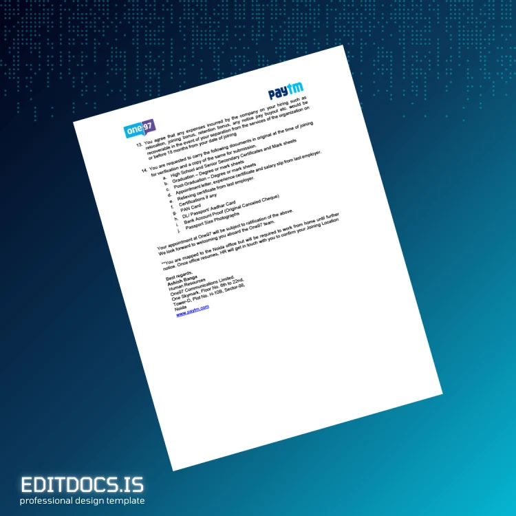 Editable India One97 Communications Limited Employment Verification Letter Template in Word and PDF formats page 2 Page Preview - EditDocs