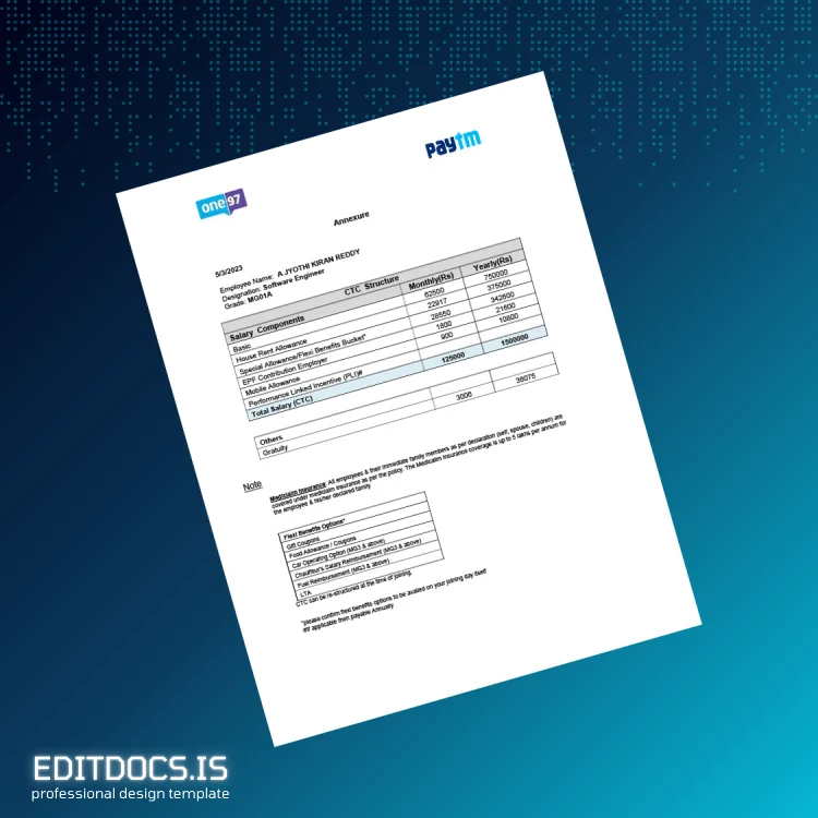 Editable India One97 Communications Limited Employment Verification Letter Template in Word and PDF formats page 3 Page Preview - EditDocs