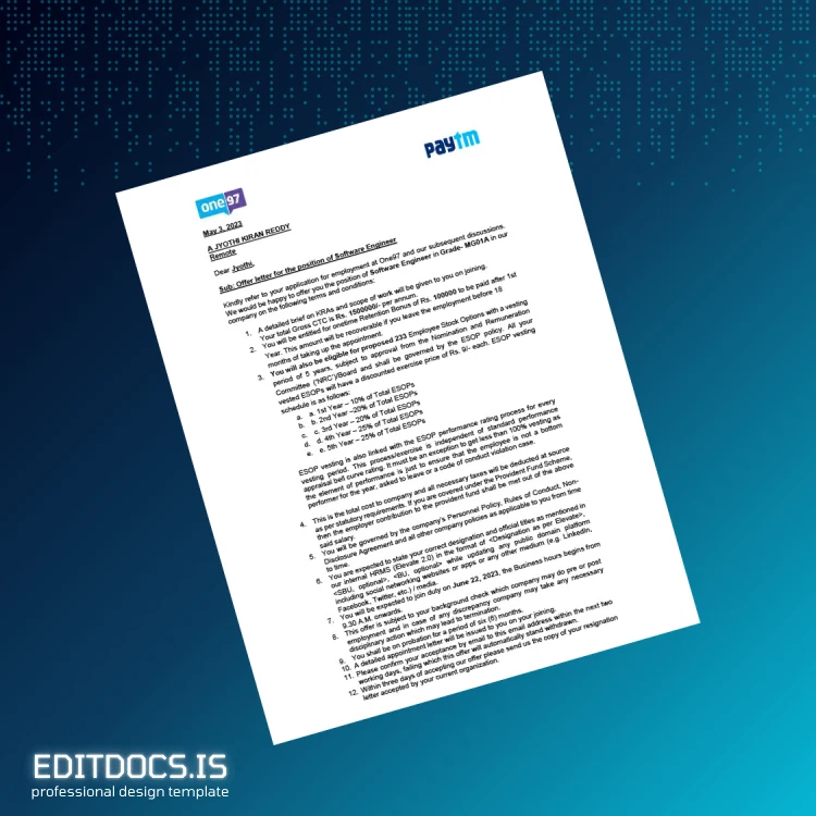 Editable India One97 Communications Limited Employment Verification Letter Template (Word&PDF) Page Preview - EditDocs