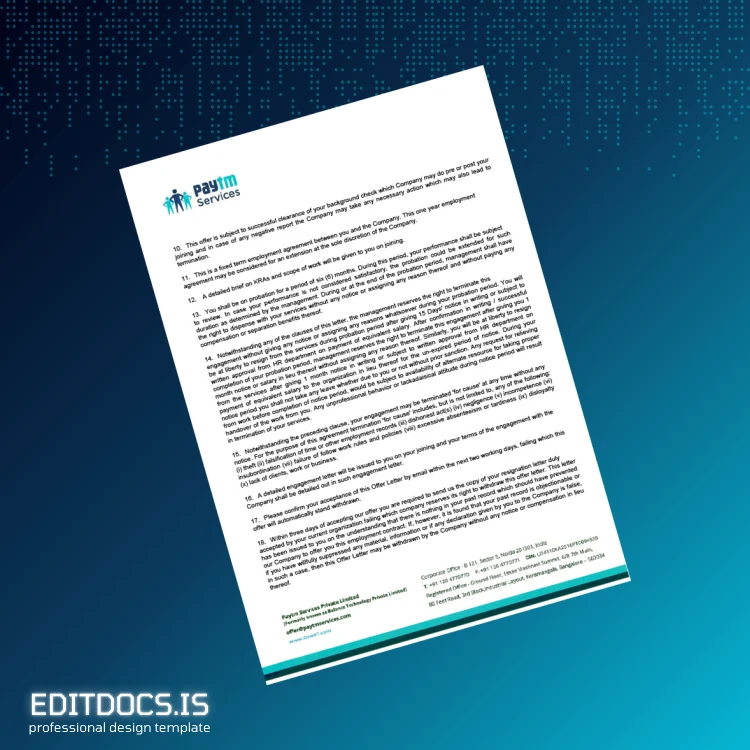 Editable India Paytm Services Private Limited Salary Certificate Template in Word and PDF formats page 2 Page Preview - EditDocs