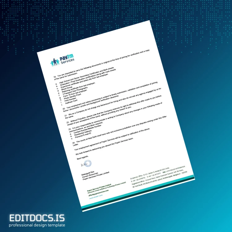 Editable India Paytm Services Private Limited Salary Certificate Template in Word and PDF formats page 3 Page Preview - EditDocs