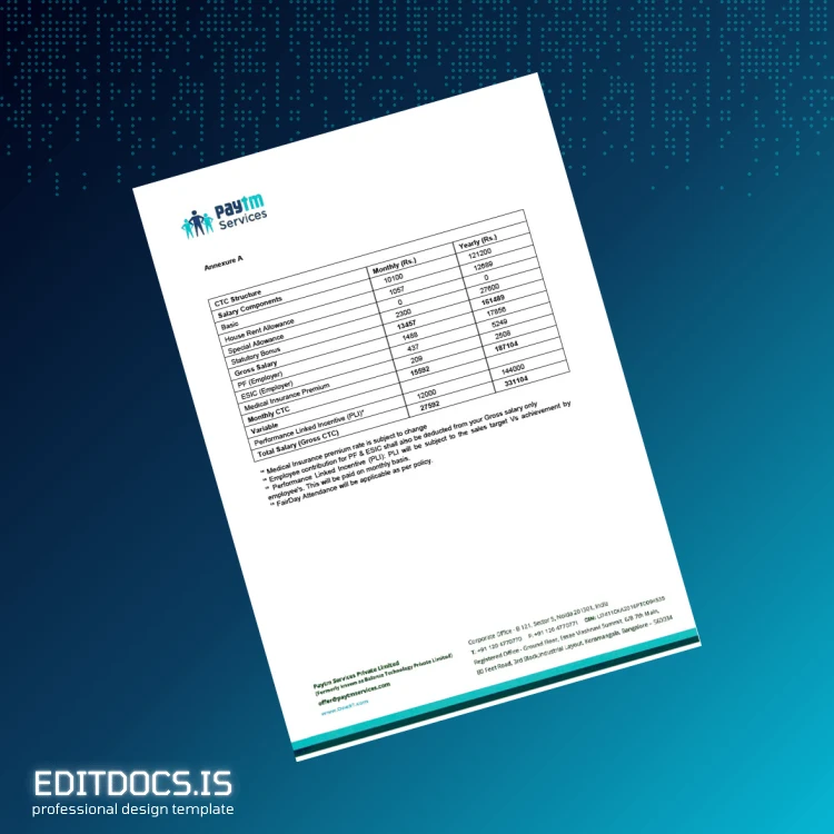 Editable India Paytm Services Private Limited Salary Certificate Template in Word and PDF formats page 4 Page Preview - EditDocs