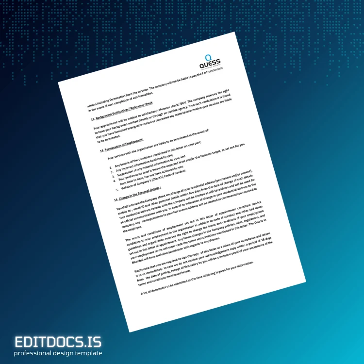 Editable India Quess Corporation Employment Verification Letter Template in Word and PDF formats page 4 Page Preview - EditDocs