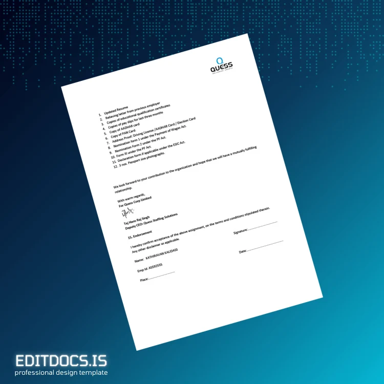 Editable India Quess Corporation Employment Verification Letter Template in Word and PDF formats page 5 Page Preview - EditDocs
