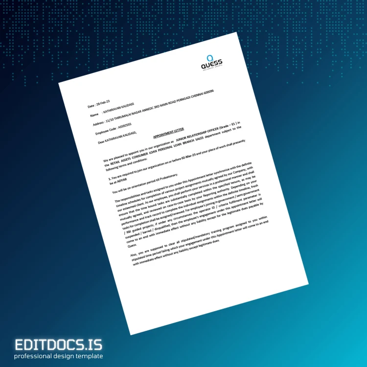 Editable India Quess Corporation Employment Verification Letter Template (Word&PDF) Page Preview - EditDocs