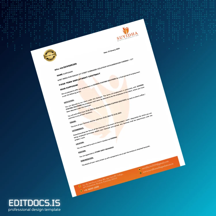 Editable India Suvidha Employment Verification Letter Template (Word&PDF) Page Preview - EditDocs