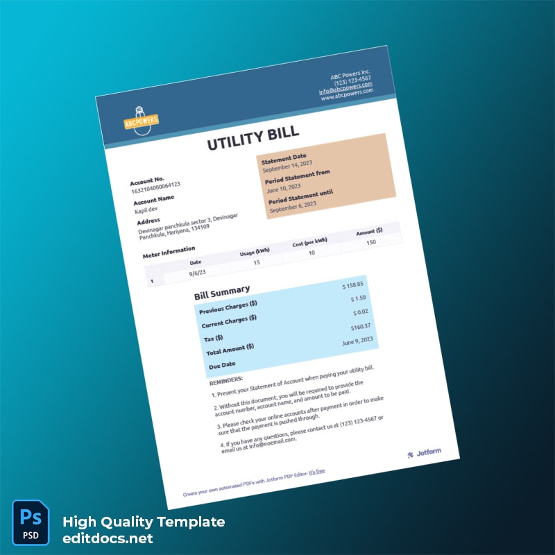 India ABC Powers Inc Editable Utility Bill Template in Word and PDF formats