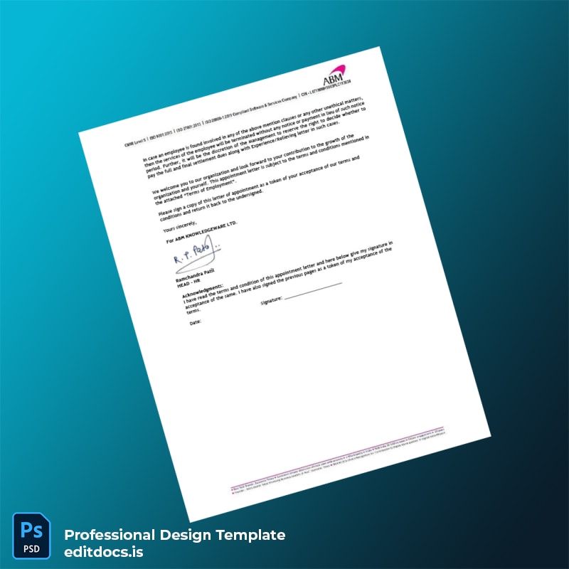 Editable India ABM Knowledgeware Ltd Employment Verification Letter Template in Word and PDF formats page 4 Page Preview - EditDocs