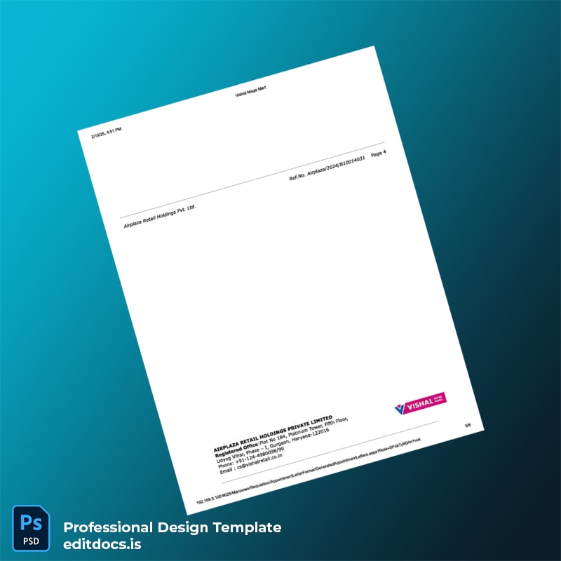 Editable India Airplaza Retail Holdings Pvt Ltd Appointment Letter Template in Word and PDF formats page 5 Page Preview - EditDocs