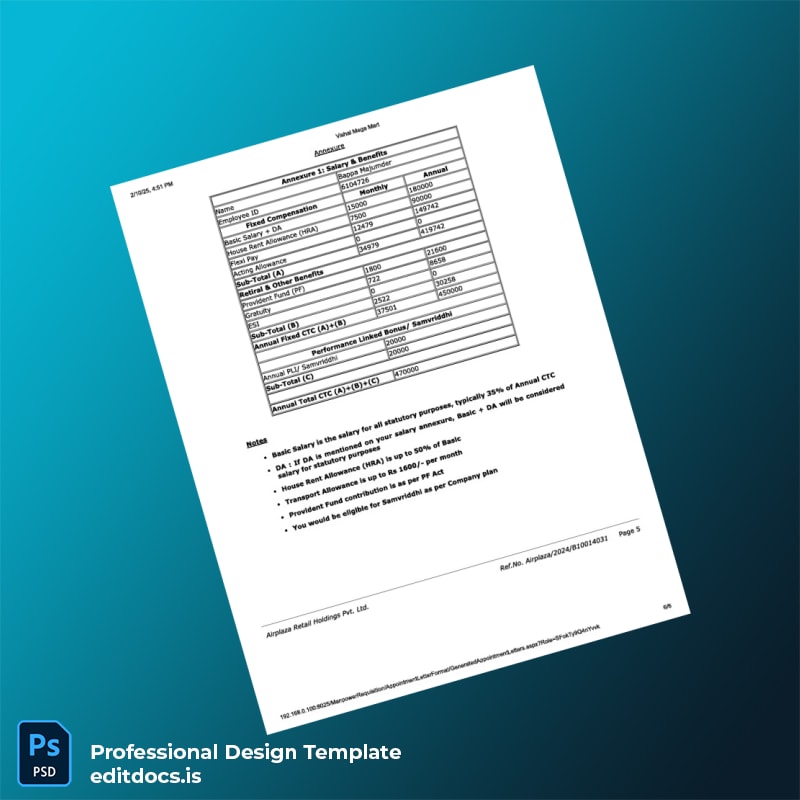 Editable India Airplaza Retail Holdings Pvt Ltd Appointment Letter Template in Word and PDF formats page 6 Page Preview - EditDocs