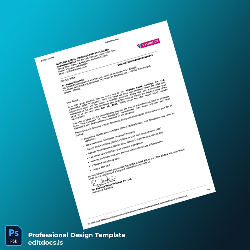 Editable India Airplaza Retail Holdings Pvt Ltd Appointment Letter Template (Word&PDF) Page Preview - EditDocs