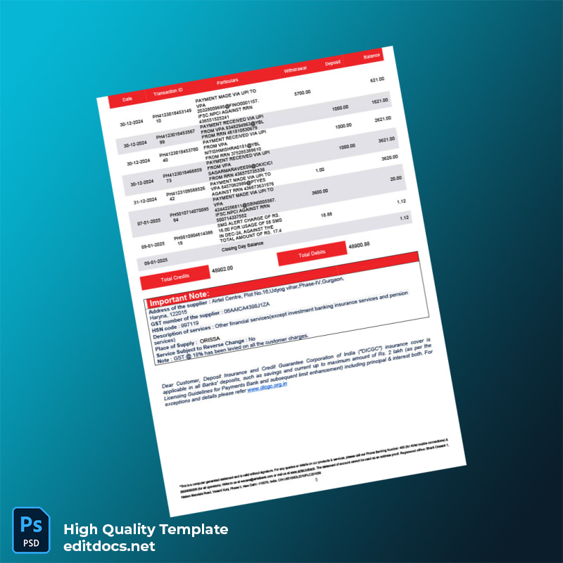 India Airtel Bank Statement Template in Word and PDF formats page 5