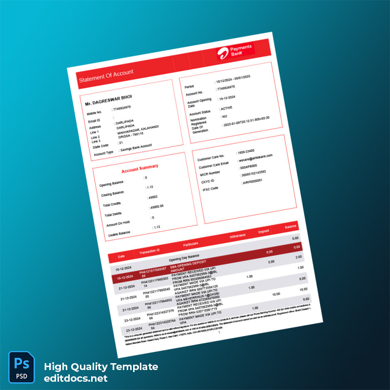 India Airtel Bank Statement Template in Word and PDF formats