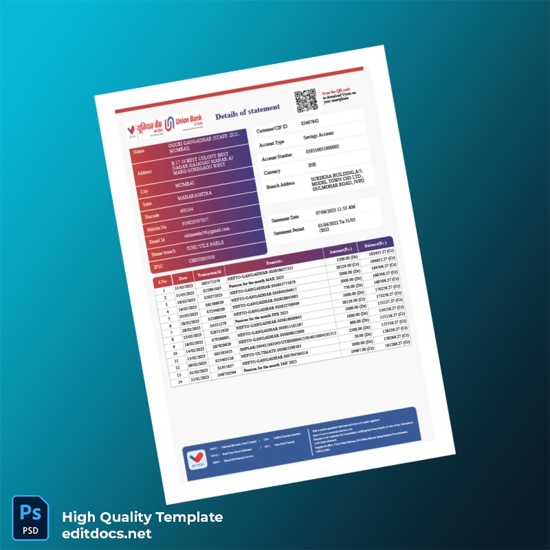 India Andhra Bank Statement Template in Word and PDF formats