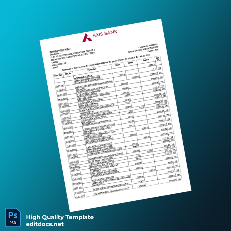 India Axis Bank Account Statement Template in Word and PDF formats
