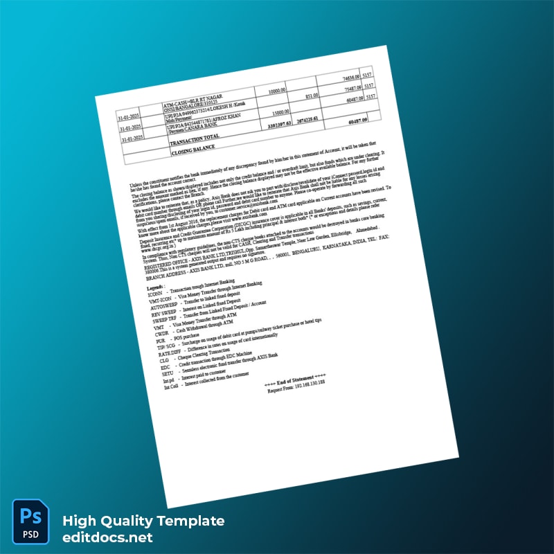 India Axis Bank Account Statement Template in Word and PDF formats page 7