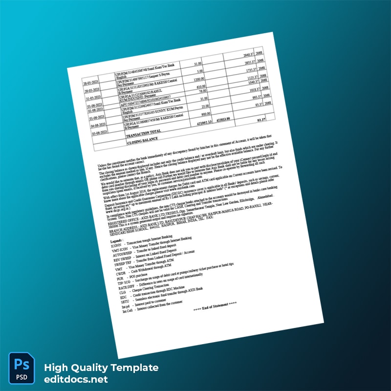 India Axis Bank Bank Statement Template in Word and PDF formats page 7