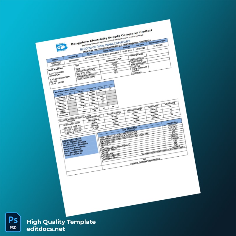 India BESCOM Editable Electricity Bill Template in Word and PDF formats