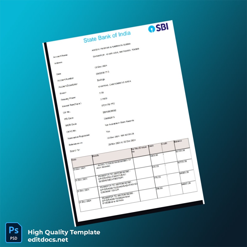 India Bank Name Not Specified Bank Statement Template in Word and PDF formats