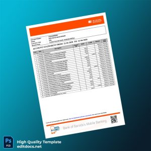 India Bank of Baroda Bank Statement Template in Word and PDF formats