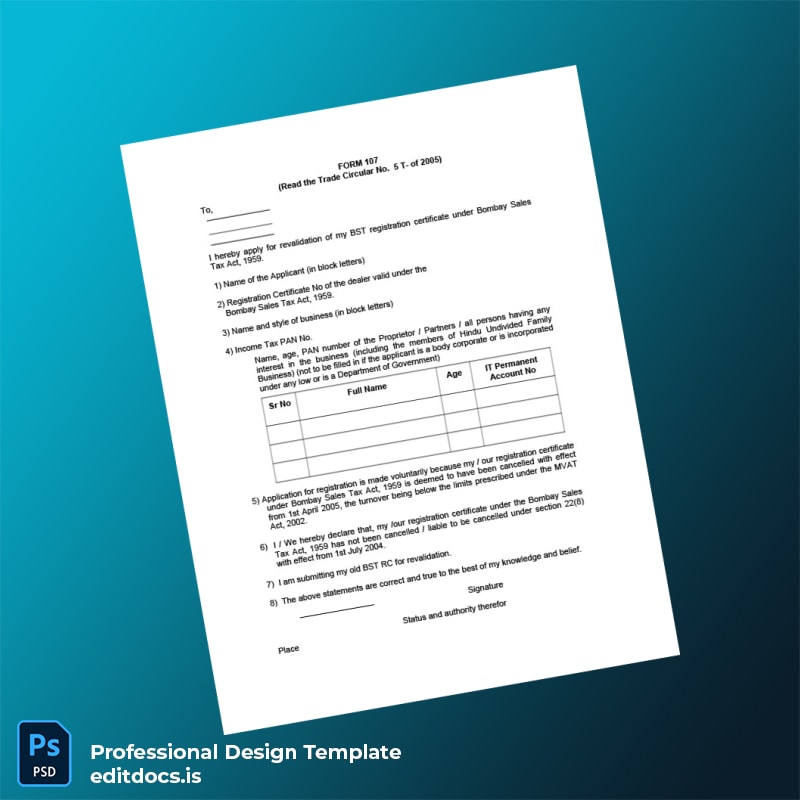 Editable India Bombay Sales Tax Department Registration Certificate Template (Word&PDF) Page Preview