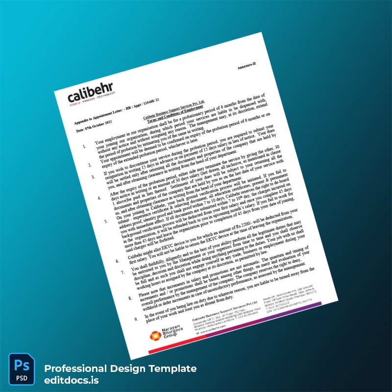 Editable India Calibehr Business Support Services Pvt Ltd Employment Verification Letter Template in Word and PDF formats page 3 Page Preview - EditDocs