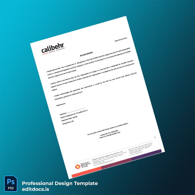 Editable India Calibehr Business Support Services Pvt Ltd Employment Verification Letter Template in Word and PDF formats page 7 Page Preview - EditDocs