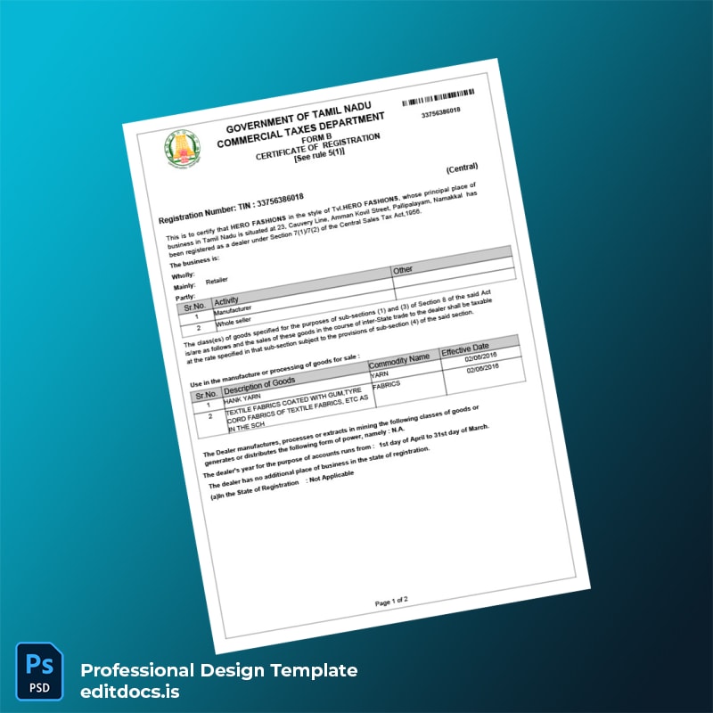 Editable India Commercial Taxes Department Registration Certificate Template (Word&PDF) Page Preview